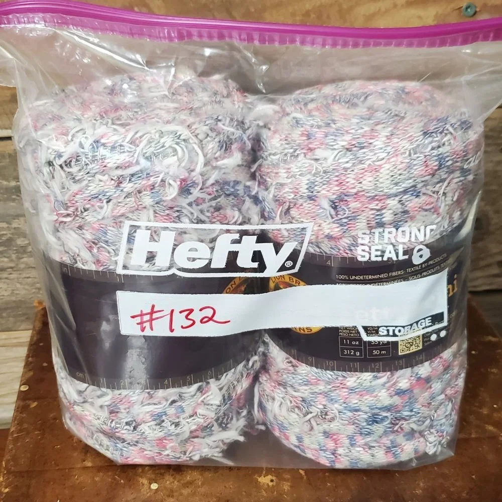 2 Skeins Lion Brand Fettuccini Fabric Remnant Yarn - Red, White, Blue Tweed #132